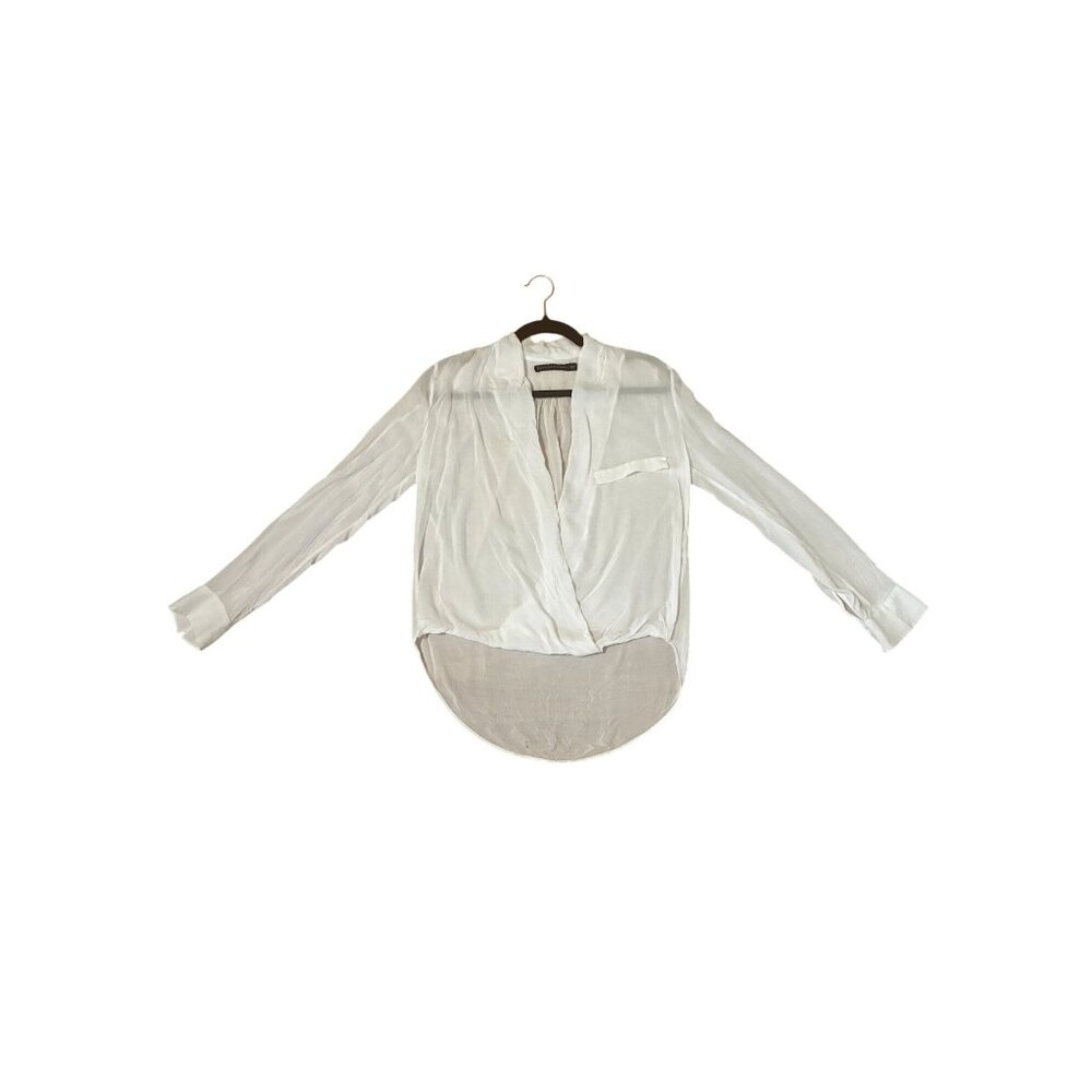 Zara Woman Sheer White Long Sleeve Blouse With Deep V-Neck & High-Low Hem XS